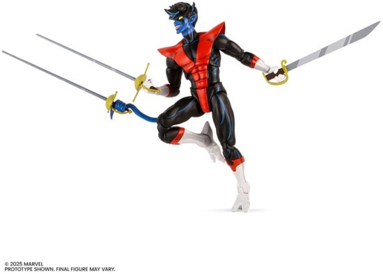 Actiefiguur met 2 zwaarden, blauwe huid, zwarte haren, rood-zwarte outfit.