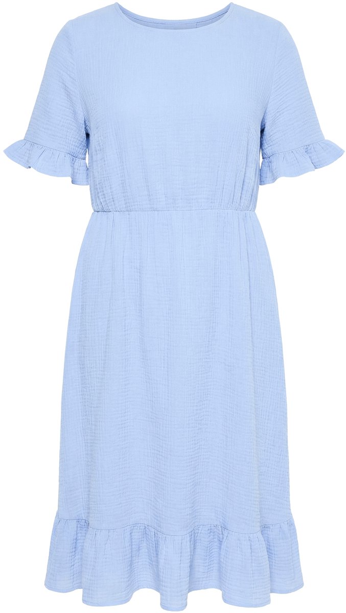 MIAMODA - Dames - Mousseline jurk midilengte volants korte mouw - Ochtend blauw - Maat 44
