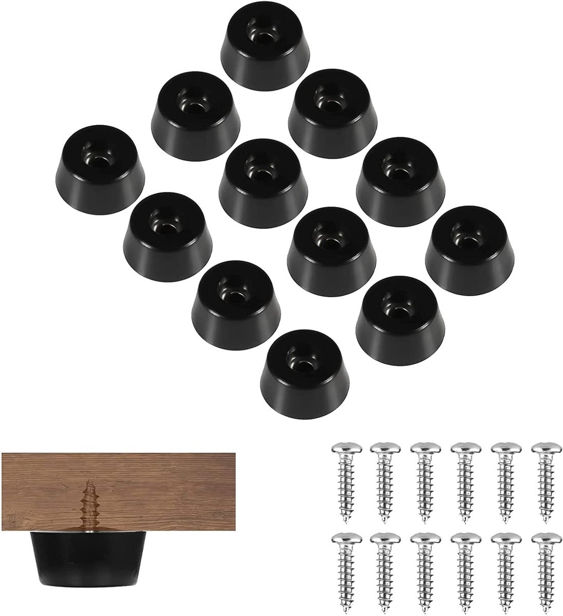 12 Stuks Rubber Voetjes voor Meubels met RVS Schroeven, Ronde Zwarte Schroefvoetjes voor Tafel en Stoelen, Ideaal voor Bescherming en Stabiliteit