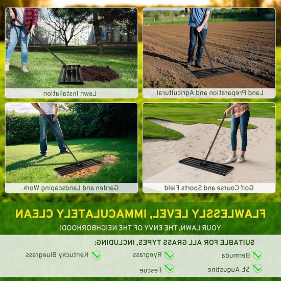 Zware Grond Egalisatie Hark, 43 x 30 cm, Verstelbare 210 cm Handgreep, Tuinonderhoud en Golfbaan Gebruik — afbeelding 4