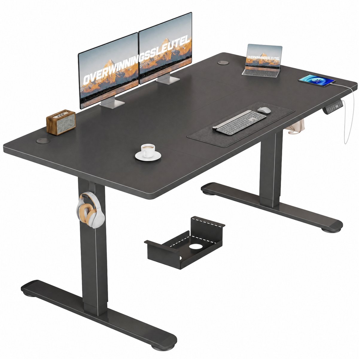 Devoko Elektrisch Zit-Sta Bureau 140x70 cm – 18 mm Dik Tafelblad – 3 Geheugenstanden – USB en Zit-alarm – Kabelmanagement – Zwart frame met zwart blad