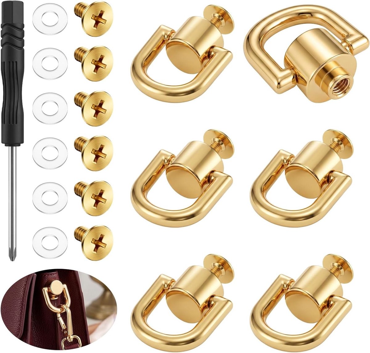 6 D-ringen voor handtassen, stevige ombouwset voor schoudertassen, draaibaar beslag voor tasriemen, ideaal voor doe-het-zelf lederwerk en accessoires