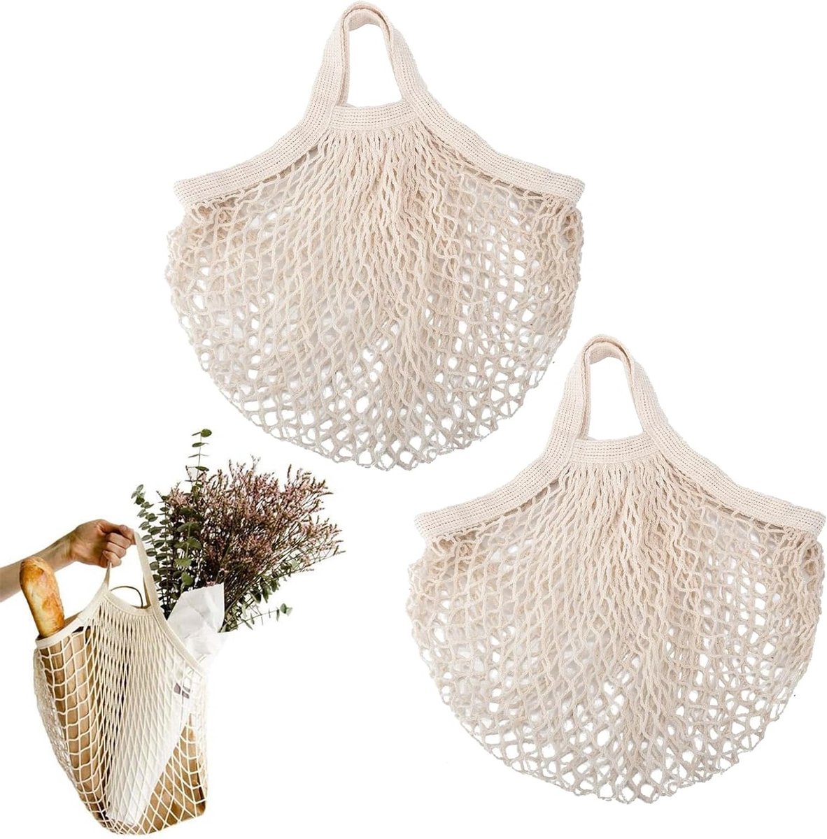 Herbruikbare Netten Tas, Katoenen Mesh Tas, 30 x 35 x 10 cm, Duurzame Winkeltas, Set van 2, Beige, Milieuvriendelijk en Lichtgewicht