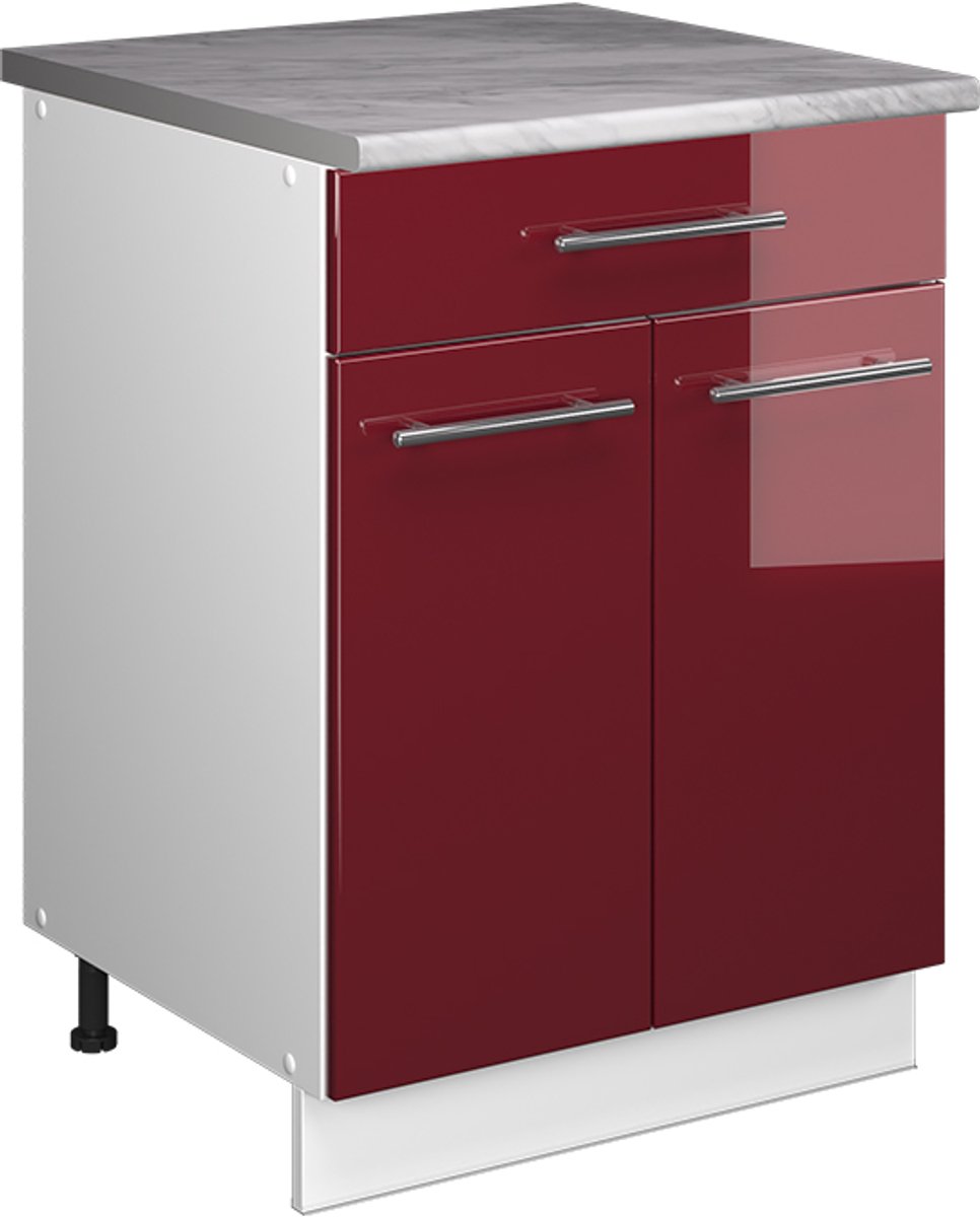 Vicco Onderkast voor spoelbak/kookplaat Fame-Line, Bordeauxrode hoogglans/Wit, 60 cm met lade, WB Marmer