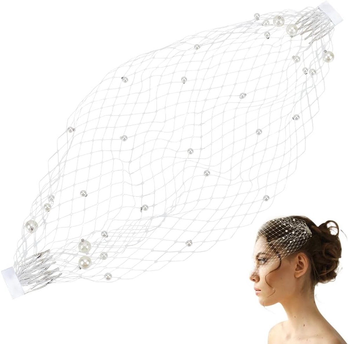 Elegante Parels Birdcage Hoofddoek 37.5 x 19 cm Wit Mesh Fascinator met Haar Kam voor 1920s Themaparty en Halloween Kostuum