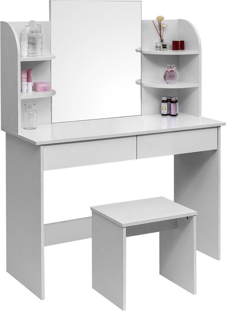 Wandspiegel Wit - Inclusief Spiegel en Krukje en Make-up Tafel voor Meisjes - Voor Meisjes, Eetkamer, Keuken en Woonkamer