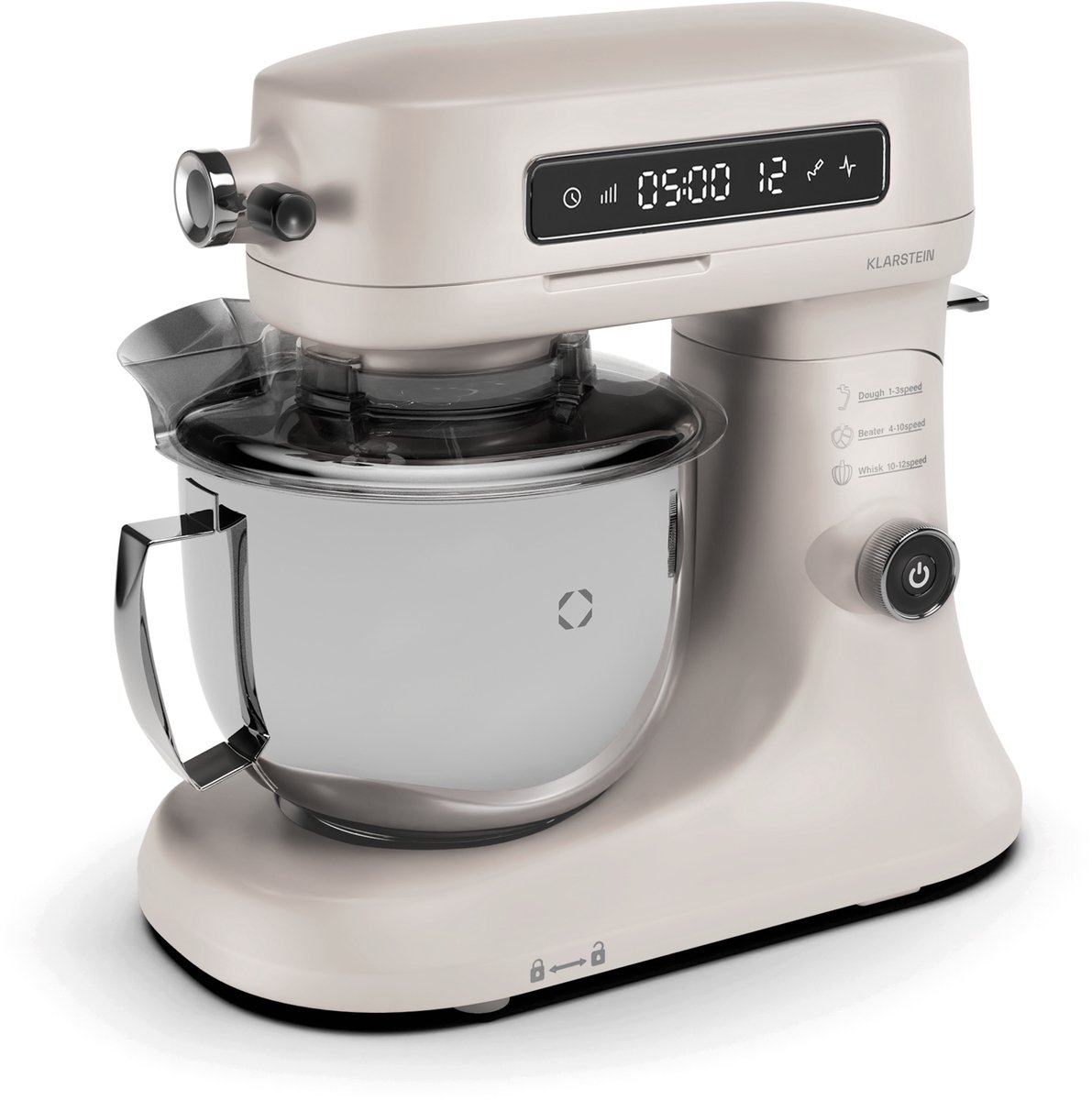 Klarstein Chiara 1600W Keukenmachine – 5L roestvrijstalen kom, 12 snelheden, LCD-touchdisplay, Stil ≤72 dB, Vaatwasserbestendige patisserieset, Aluminium spuitgietbehuizing, Zand