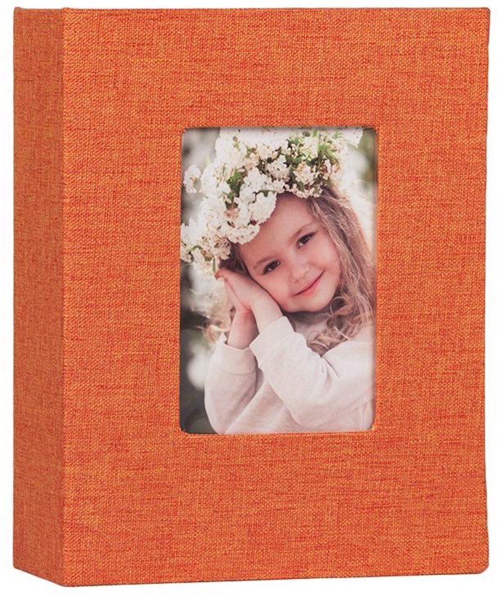Zelfklevend fotoalbum – Met fotovenster – Geschikt voor 6-inch foto's – Linnen kaft – DIY-plakboek – 50 witte pagina's – Onmisbaar voor op reis – 16,5 x 12,5 cm – Oranje