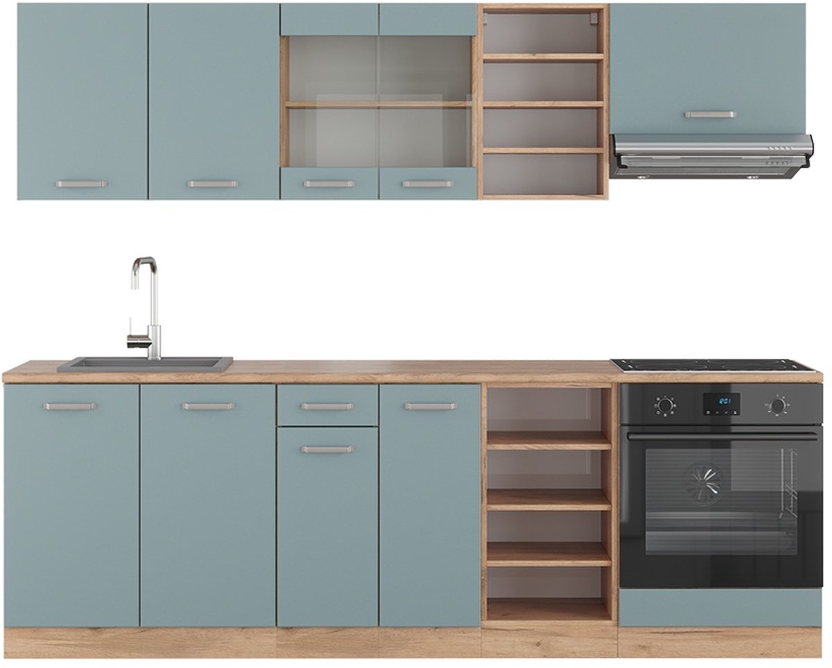 Vicco R-Line Complete keukeneenheid – 240 cm zonder werkblad Blauw-grijs/gouden eik