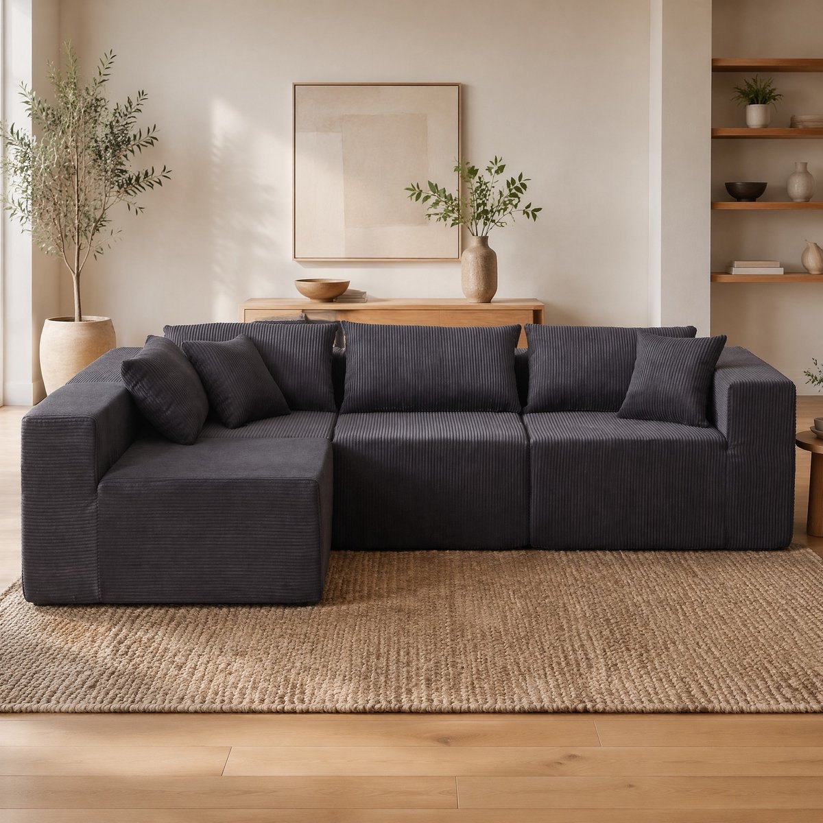 MODENUIT Hoekbank 264 x 167 x 71 cm - Modulaire L-Vorm Met 4 Zitplaatsen - Voor Woonkamer - Ribstof Zwart