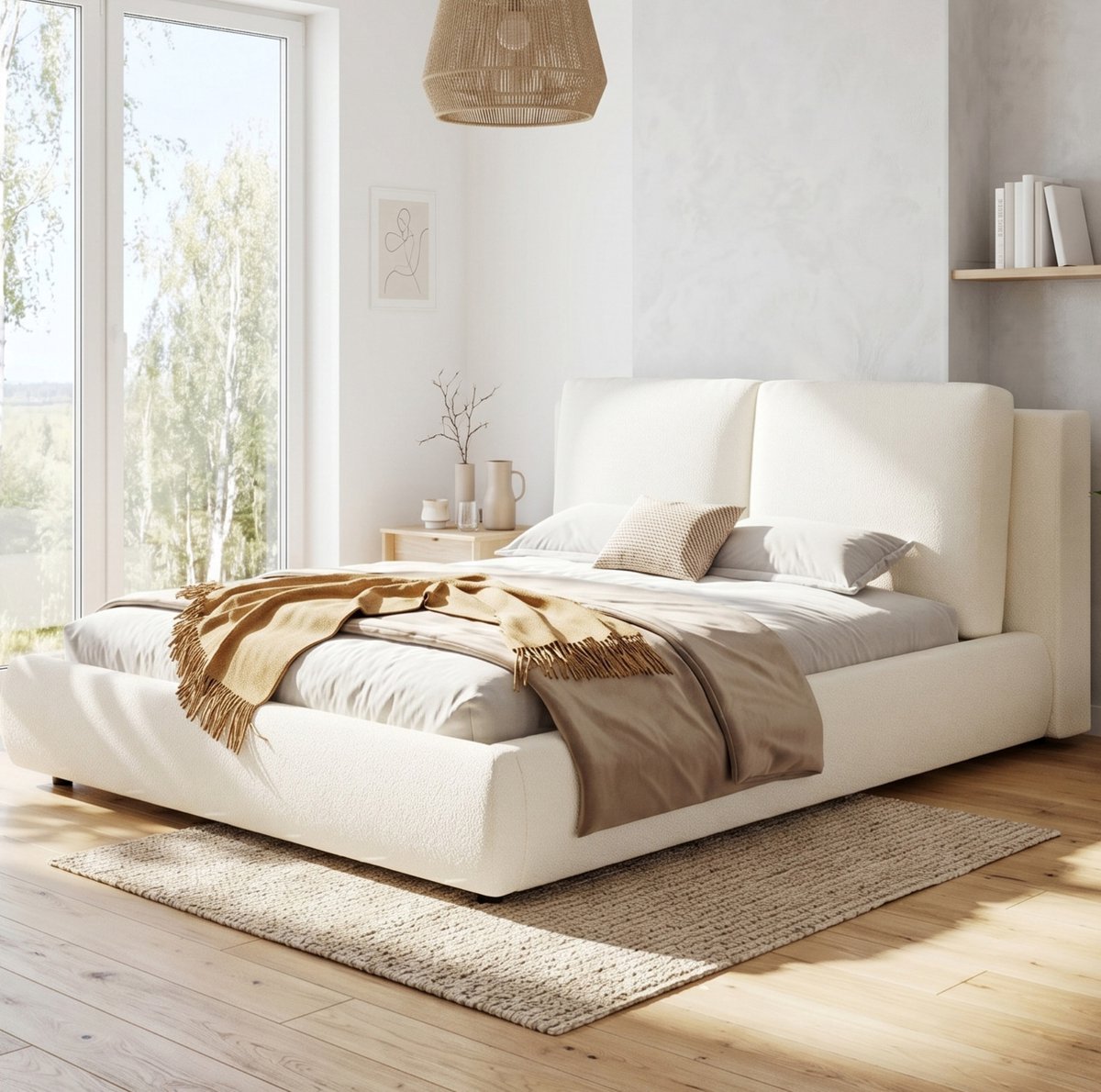 COVREO Bed 160x200 cm beige, bouclé stof met opbergruimte en lattenbodem