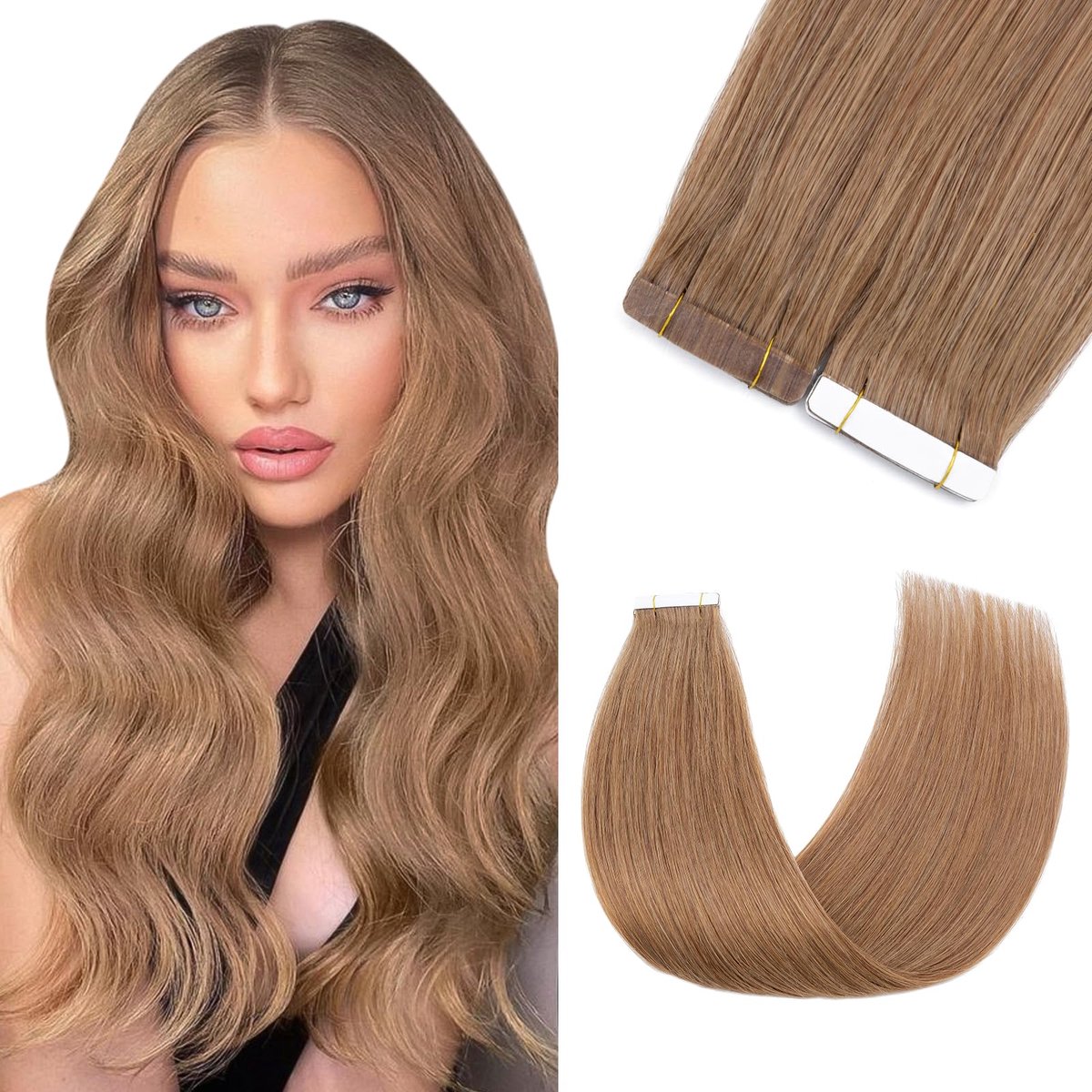 Omgoods - Pack van 20 Tape Hair Extensions - 100% Echt Mensenhaar Lichtbruin