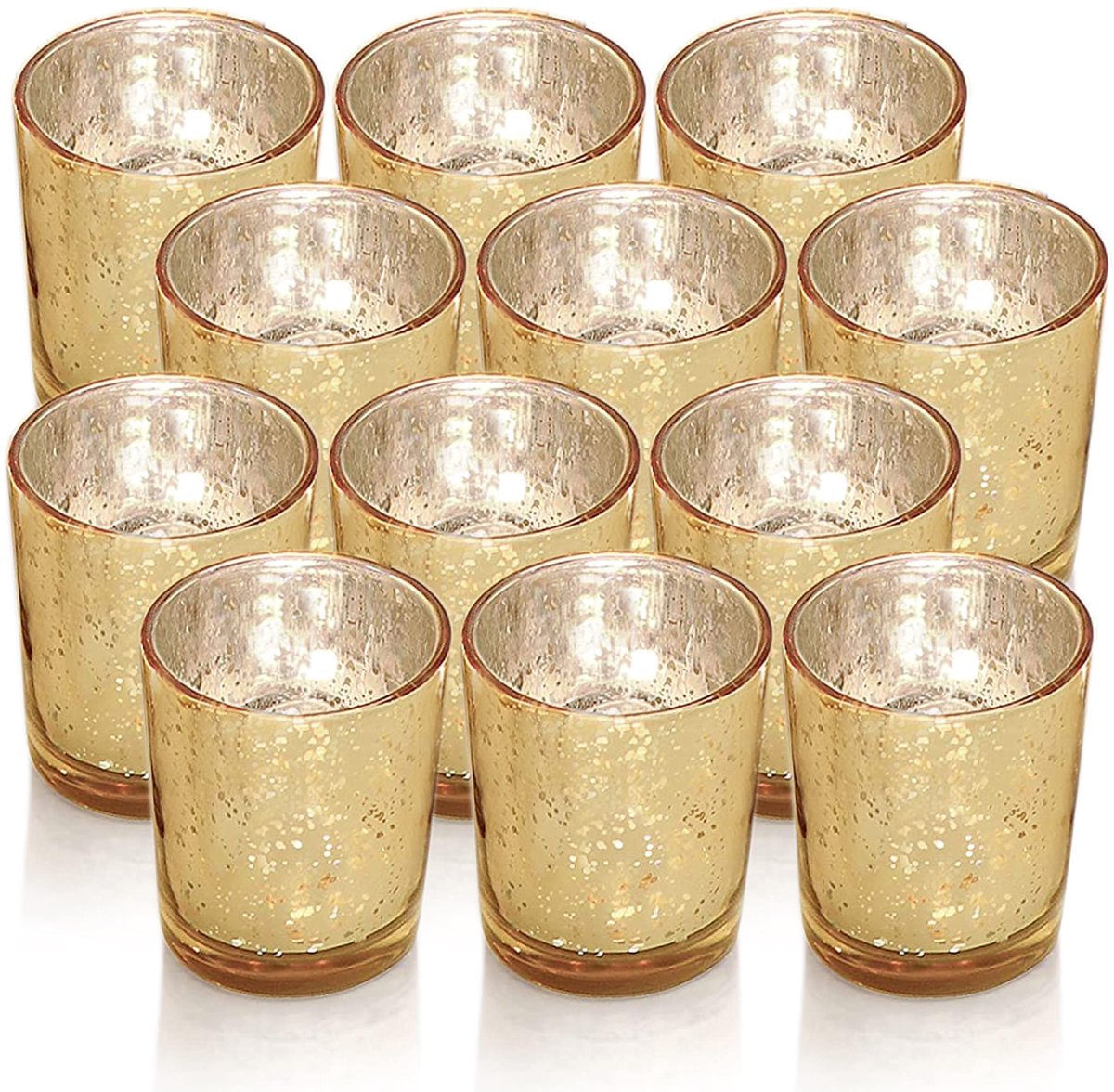 Omgoods - Set van 12 Gouden Theelichtjes Houder van Spiegelglas