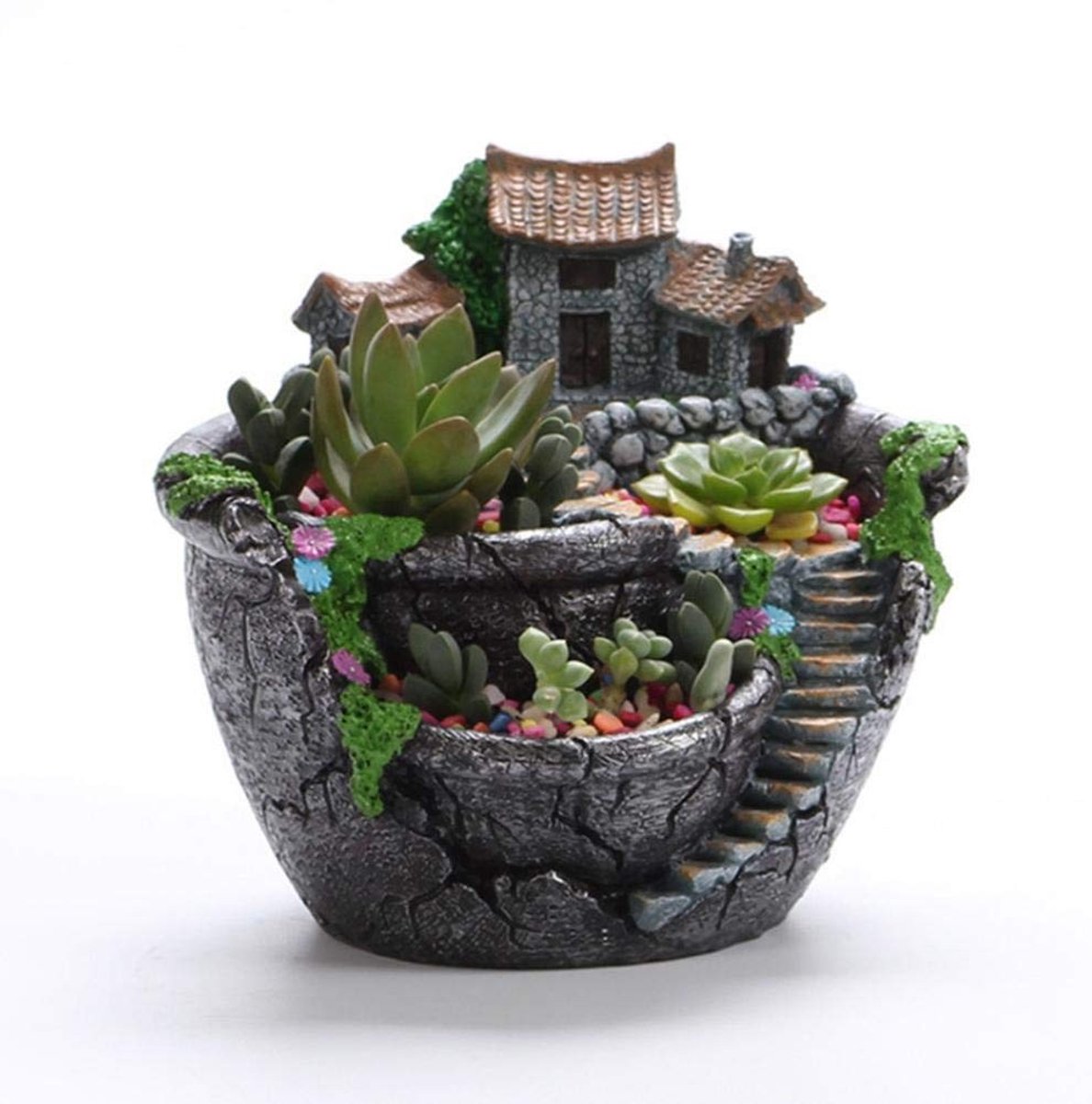 Omgoods - Vintage Bonsai Plant Pot met Mini Huisje - Decoratieve Tuin Pot voor Binnen en Buiten