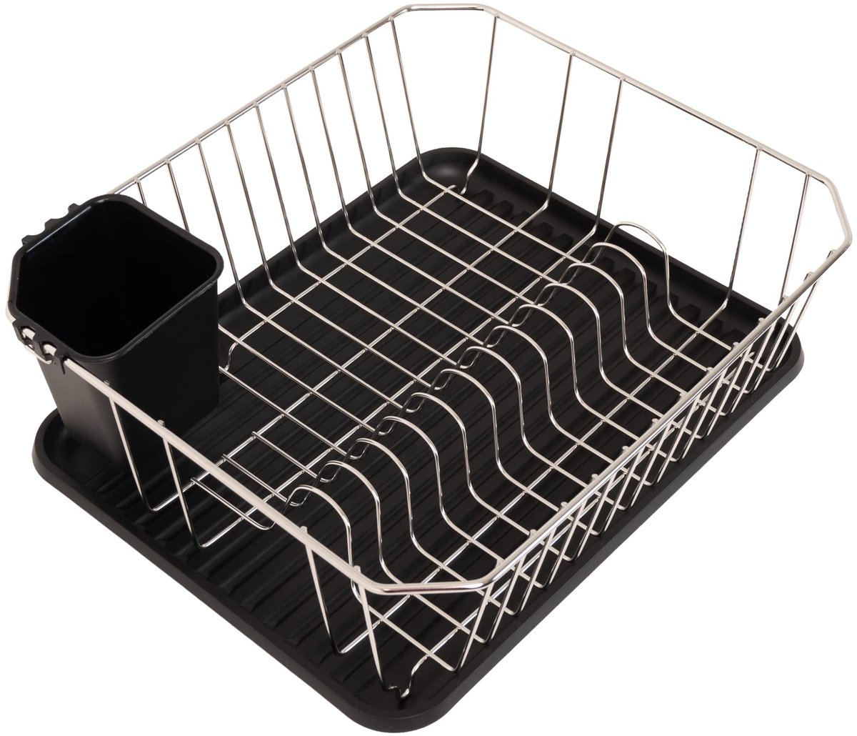 Omgoods - Afwasrek met Plastic Drup Tray en Bestekhouder - Zwart Vierkant