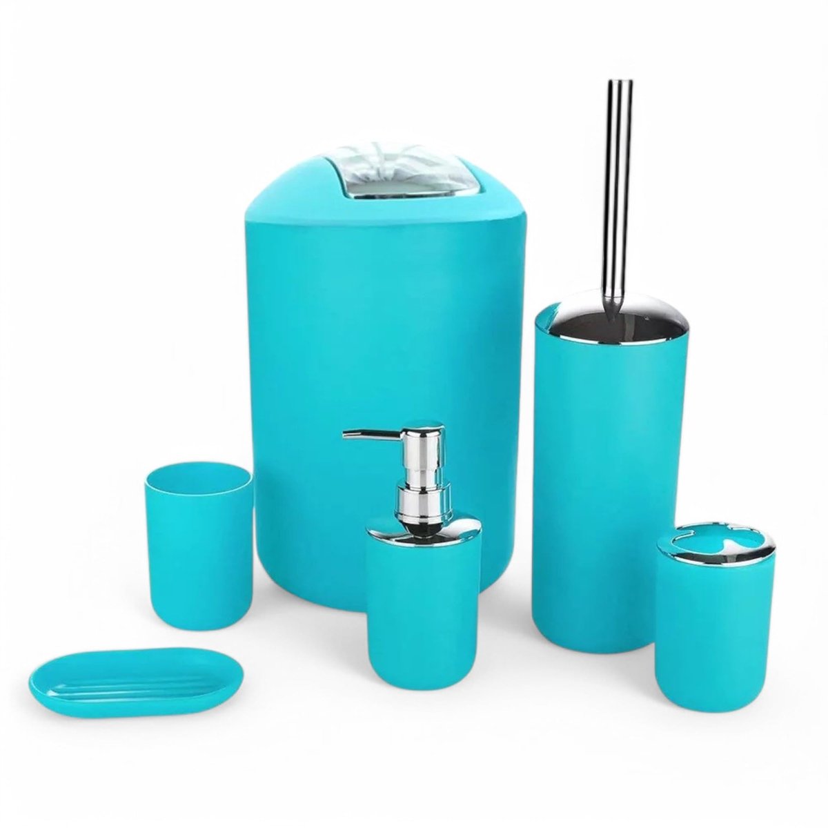 Omgoods - 6-delige badkameraccessoireset - Zeepdispenser, toiletborstel en meer in turquoise design