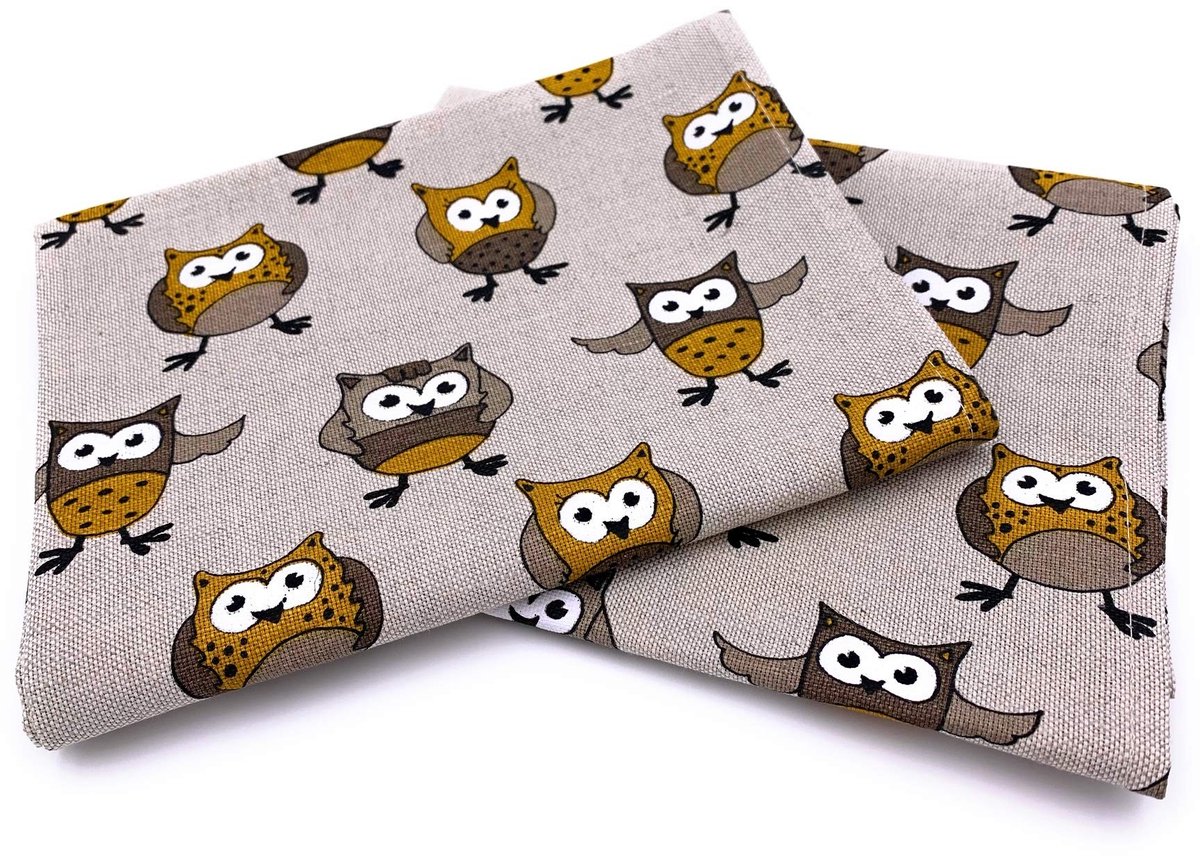 Omgoods - Set van 2 Keukenhanddoeken - Half Linnen Bedrukt Uil Oker 47x70 cm