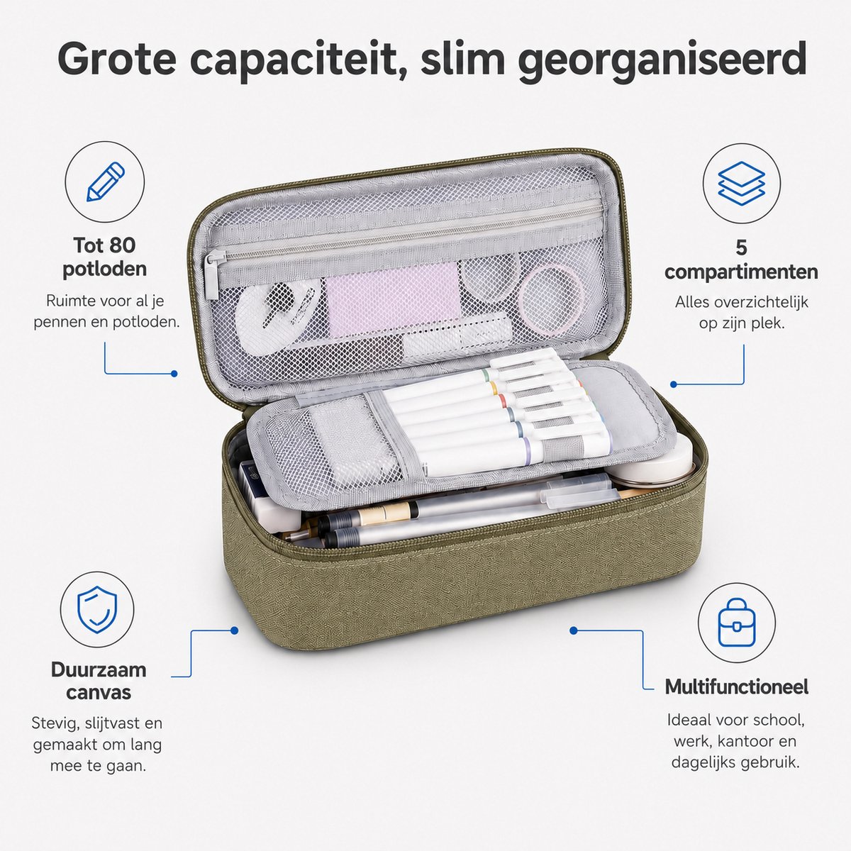 Grote Pennenzak - Etui met 5 Vakken - Capaciteit tot 80 Potloden - Canvas Potloodetui - Voor School en Kantoor - Bruin - 23 x 11 x 6,5 cm