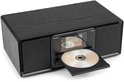 Zwart Audizio radio met cd-speler, houtnerf textuur. CD-lade is open.