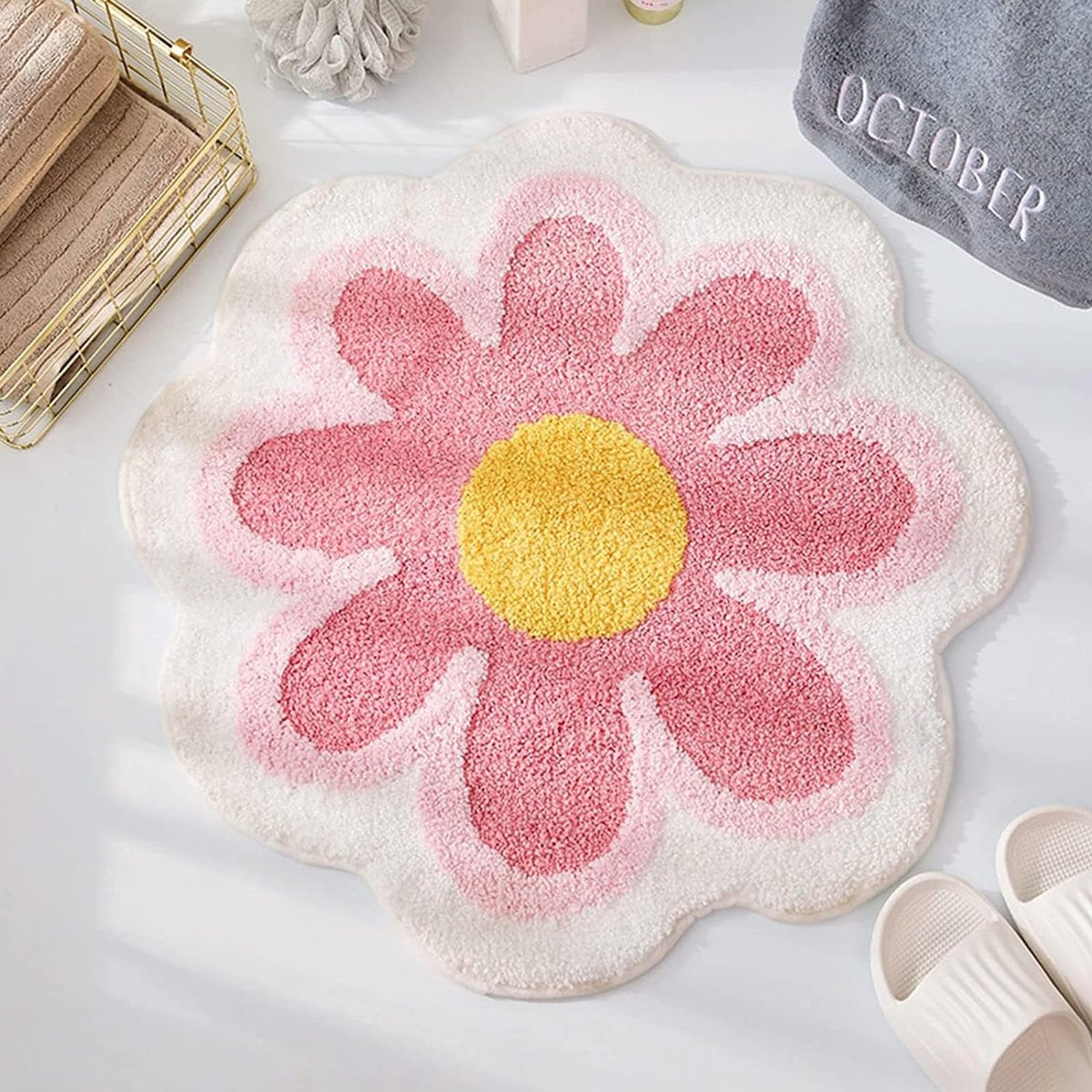 Omgoods - Bloemige Badmat 65x65 cm met Antislip Onderkant (Roze)