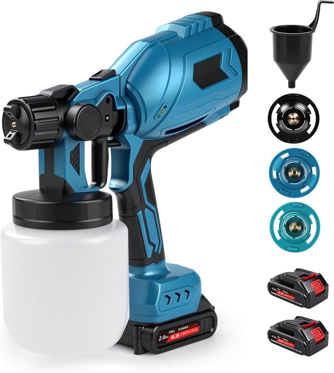 SnelShoppen - Draadloos Verfspuitsysteem 500W - Elektrische Verfspuit - HVLP Verfspuitpistool - 1000 ml - Met 3 Nozzles (1/1.8/2.5 mm) & 3 Verfcartrid