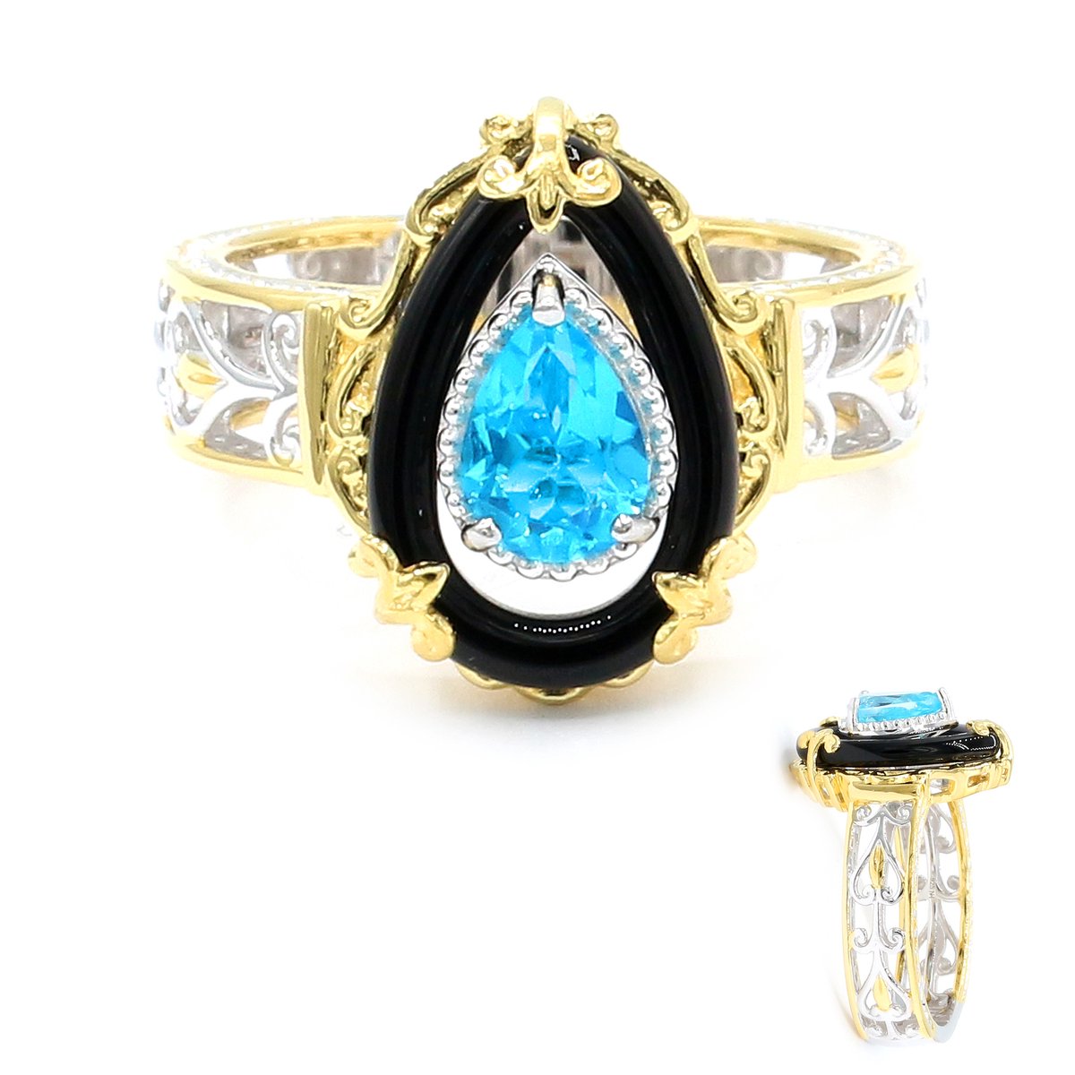 Cavill - Elegante Ring - 925 Sterling Zilver met Palladium - Zwarte Onyx 1,31 ct & Paraíba Topaas Peervorm 0,78 ct - Uniek Design