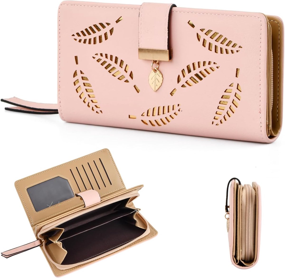 Dames PU Leren Portemonnee - Lange Wallet met Blad Pendant - 11 Kaartsleuven - Ruimte voor Muntjes - ShopVlot