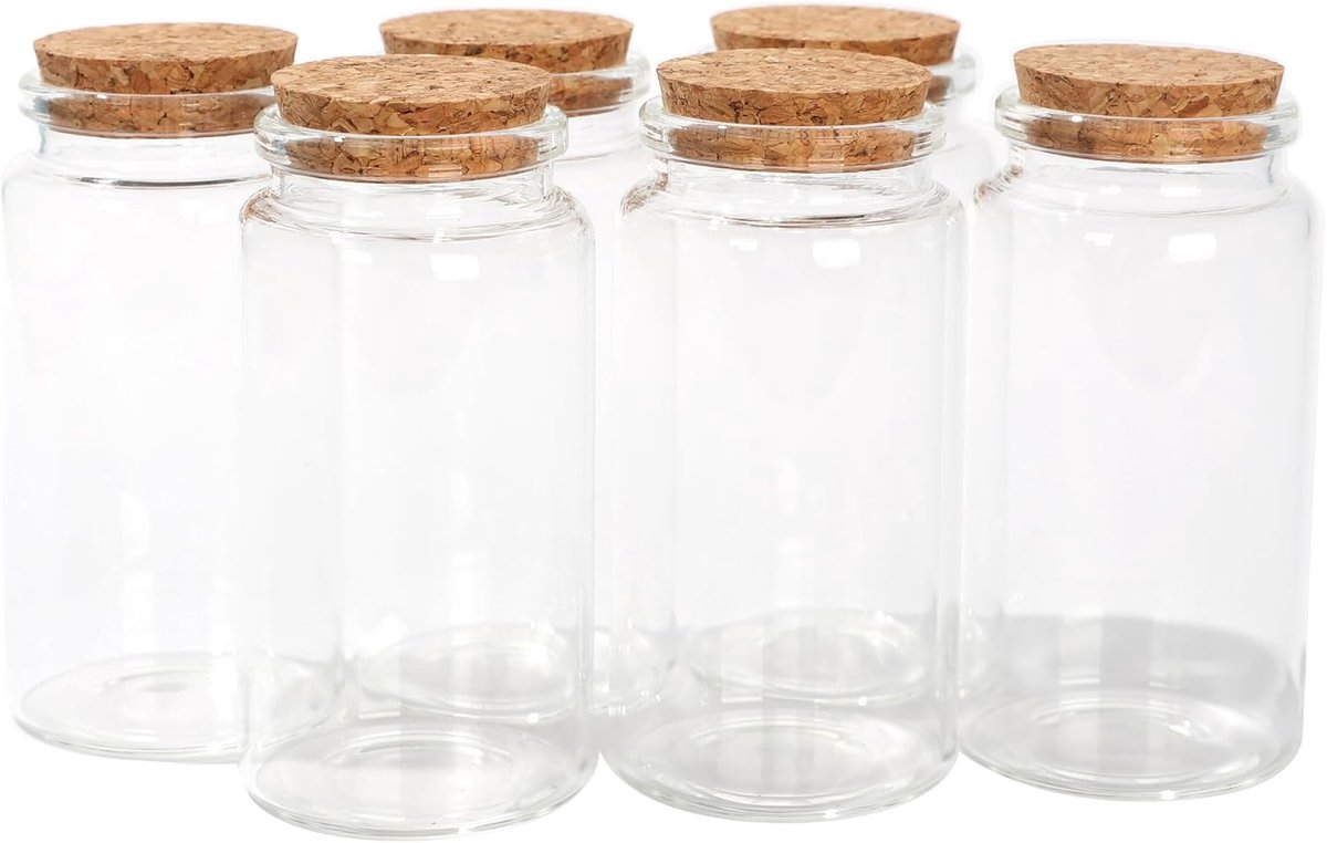 SnelShoppen - Set van 6 Decoratieve Ronde Glazen Flessen (100ml) met Kurken Stopper - Vintage Design voor Thuis en Kantoor - Stijlvolle Opbergoplossin