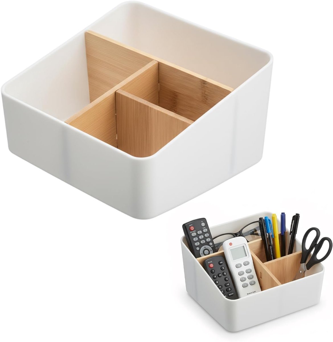 SnelShoppen - Desk Organizer met 4 Compartimenten - Multifunctionele Opbergdoos voor Kantoor - Bamboe Bureau Organizer voor Pennen, Afstandsbedieninge