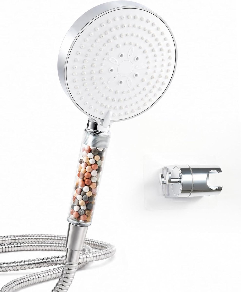 SnelShoppen - Filter Douchekop met 1.6m Slang en Houder, 13cm Groot, 20 Laags Filter, Handdouche met 6 Spuittypes, Waterbesparende Douchekop, Kalkfilt