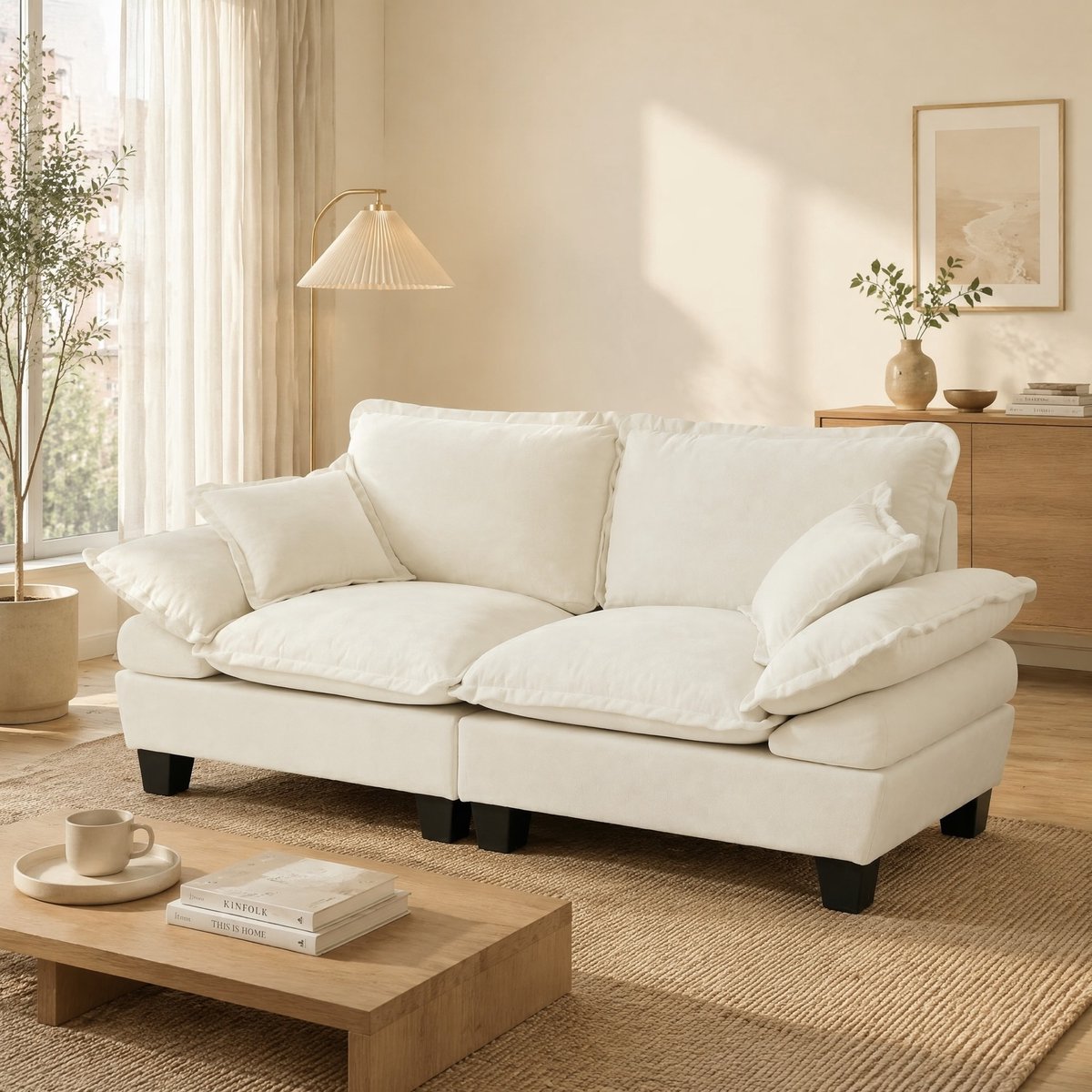 MODENUIT Loveseat 194 x 82 x 90 cm - Gebogen Armleuningen en Afneembare Kussens - Voor Appartement - Chenille Beige