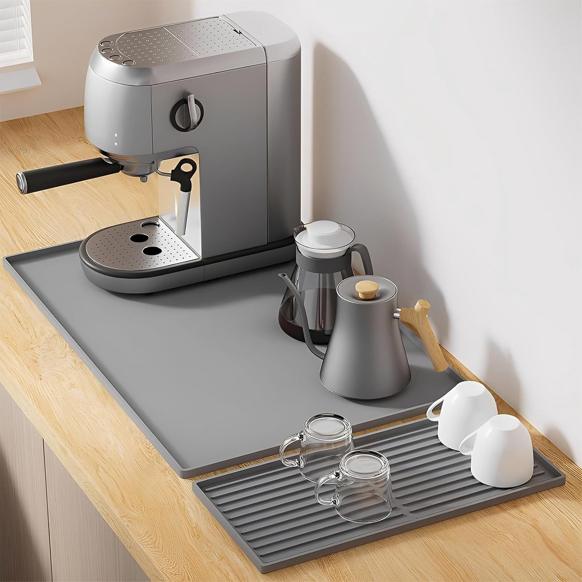 Draining Mat, 2-in-1, Grey, Silicone Pad, Coffee Machine, Non-Slip Water Absorbent Coaster, Sink - ShopVlot