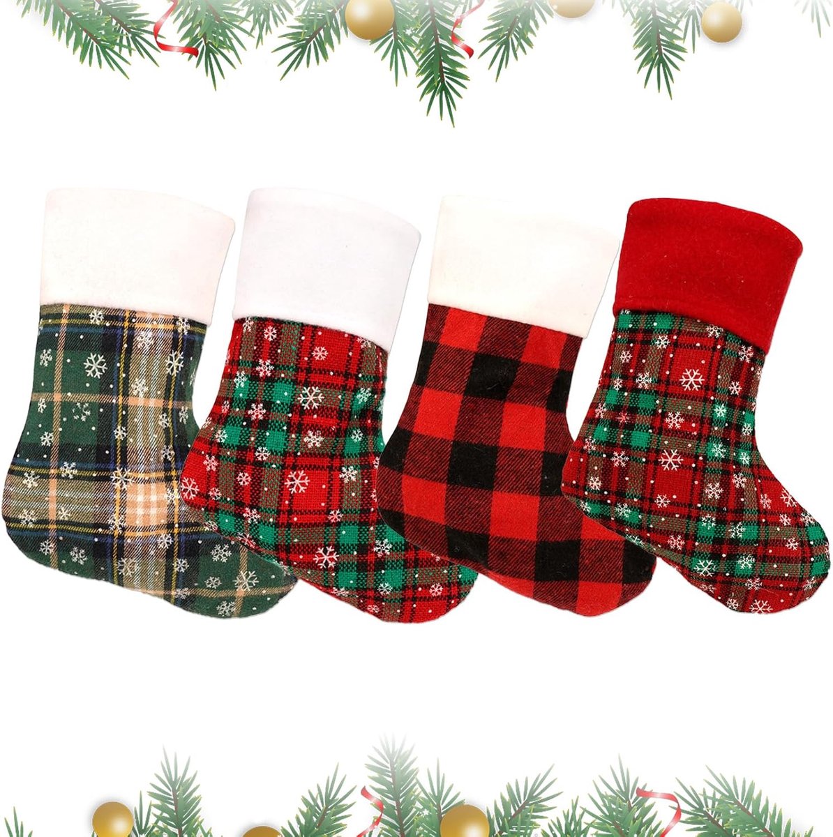 Kerstsokken set van 4 - Gebreide geruite kerstkousen - 23 x 17 cm - Perfect voor feestelijke decoratie - ShopVlot