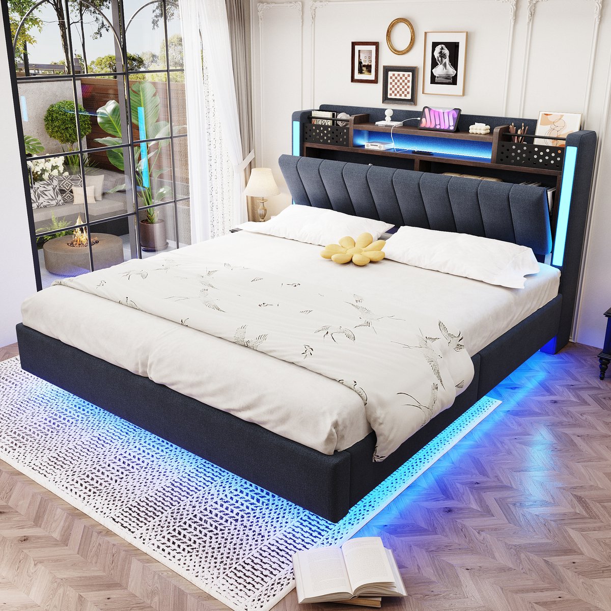Gestoffeerd zwevend bed 140x200 cm - USB-poort, LED-verlichting en opbergruimte - Grijs linnen - Verstelbaar hoofdeinde met verborgen opbergvakken - Geschikt als tiener- of volwassen bed