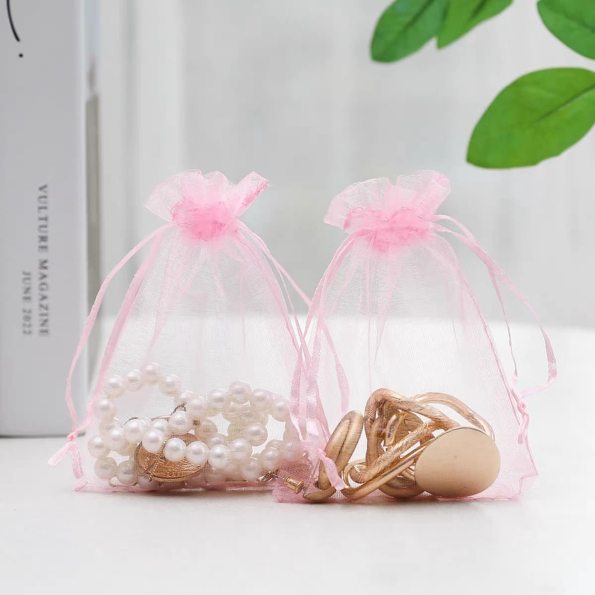 SnelShoppen - 100 stuks organzazakjes 9 x 12 cm, cadeauzakjes met trekkoord, kleine geschenkzakjes in roze voor bruiloft, Kerstmis en festivals