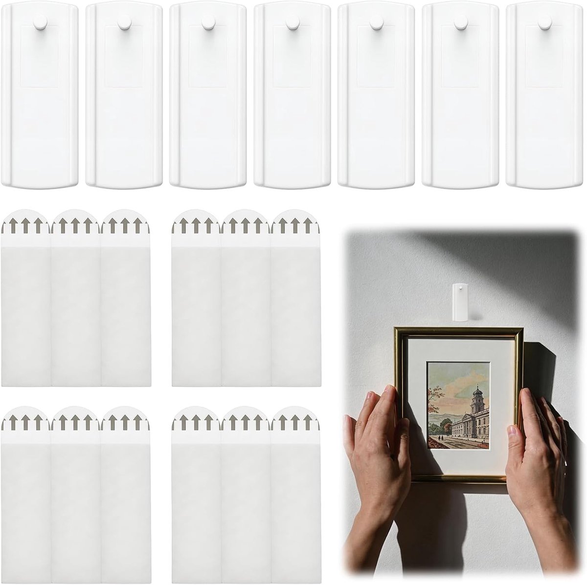 Large Universal Self-Adhesive Photo Hanger, No Drilling, 8 Photo Hangers, 12 Large Removable Adhesive Strips, Hanging - ShopVlot
