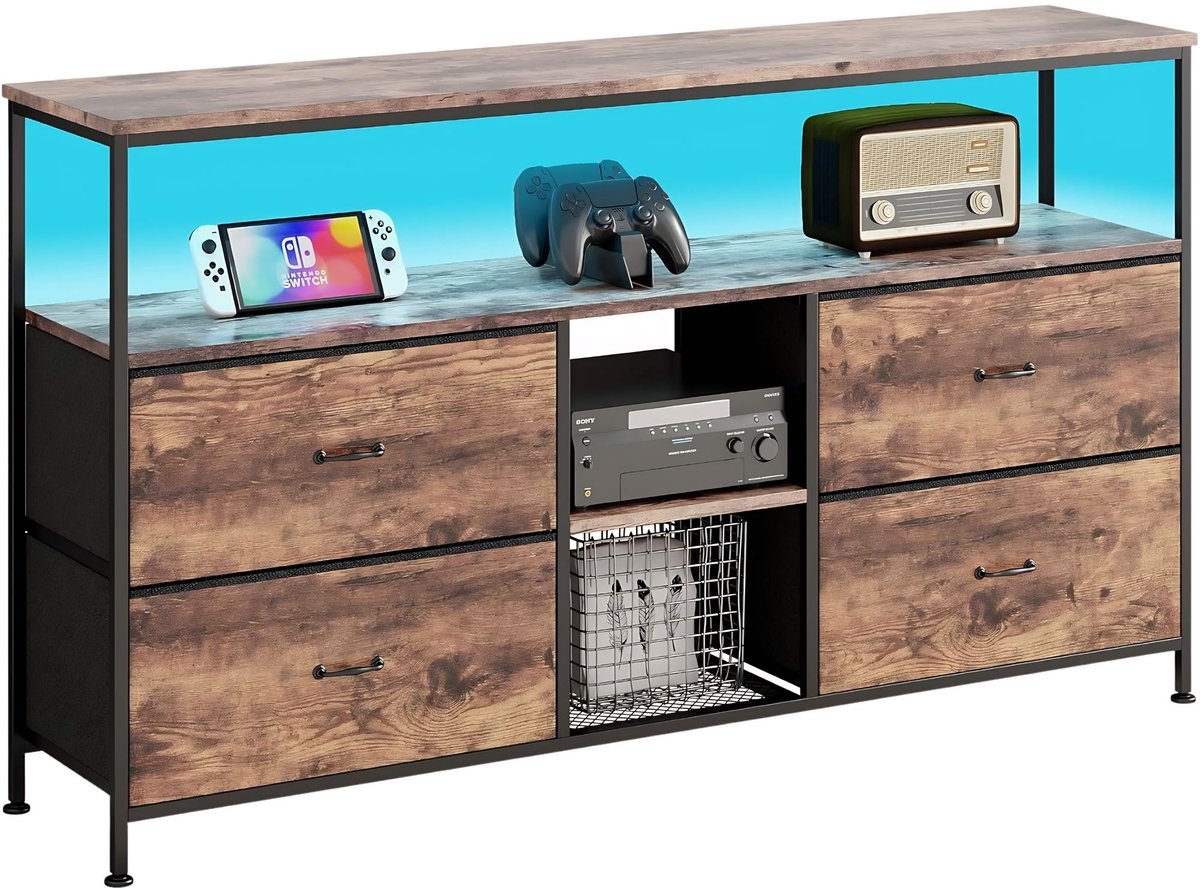 Happiq TV meubel - Modern Opbergdesign met 4 Laden en LED - 108 x 29.8 x 76.8 Cm B Wit Hout en Metaal - Meubel - voor Woonkamer en Mediaruimte Wood