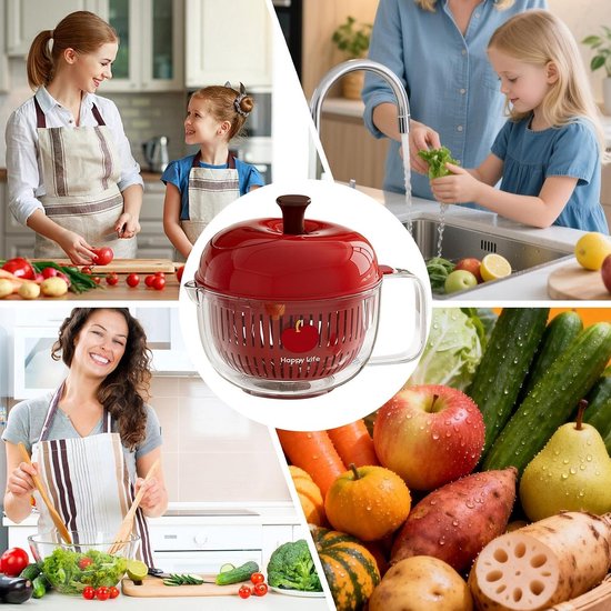 Fruitwasser Kom - Groenten Spinner - Salade Voorbereiden - Directe Stop Functie - 23 x 23 x 18 cm - Rood — afbeelding 2