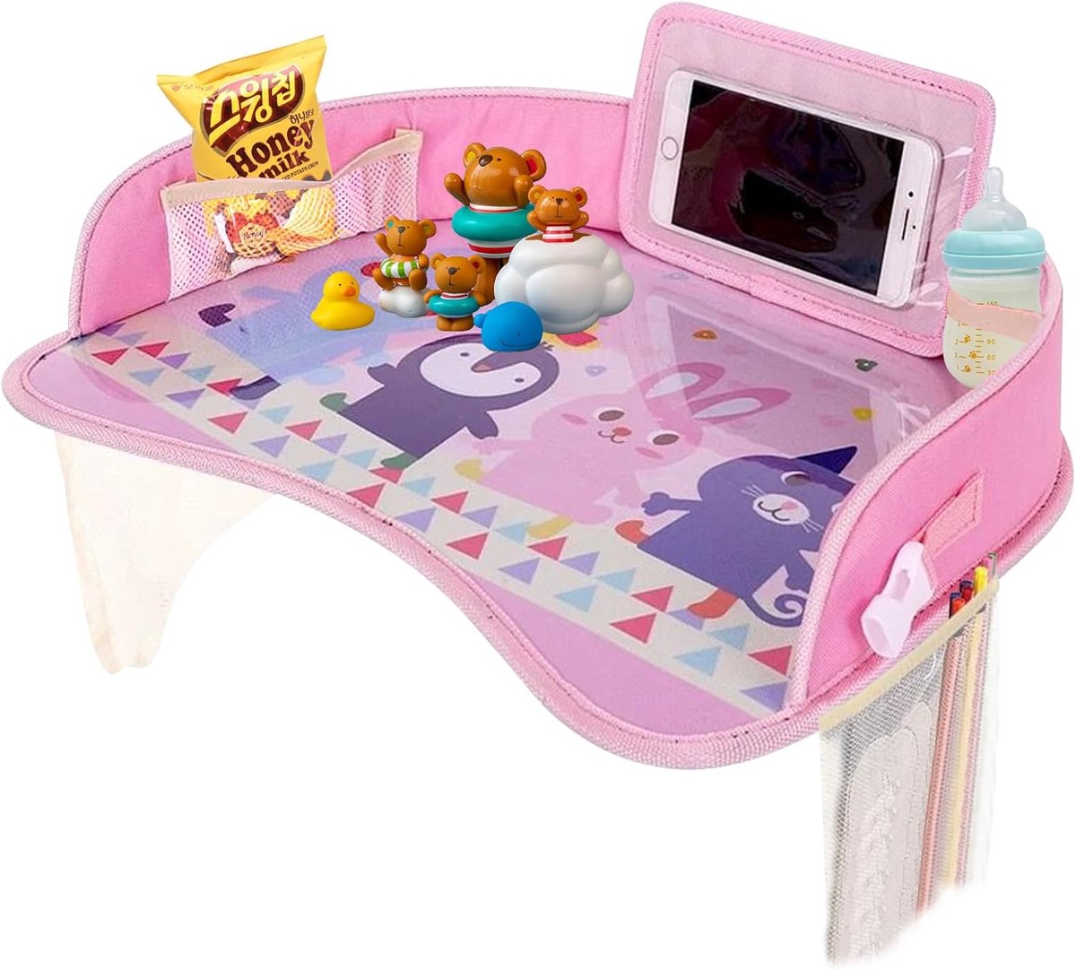 SnelShoppen - Kinder Reistafel Auto Kinderen Speelgoed Wasbare Tafel met Organizers voor Auto, Vliegtuig, Kinderwagen, 43x32x8 cm