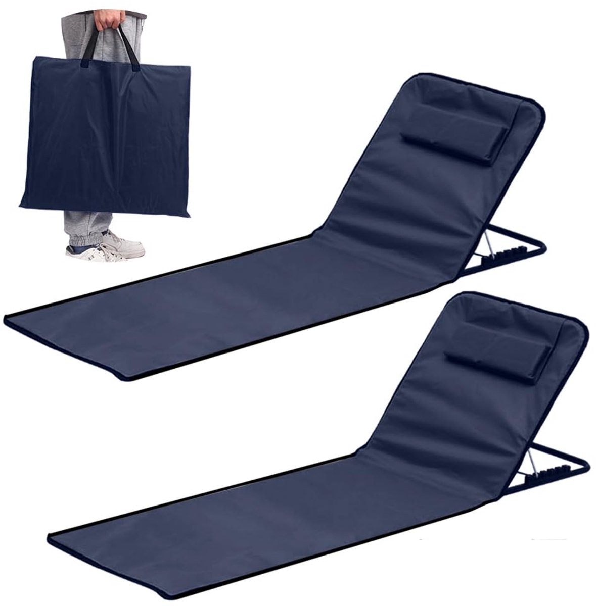 SnelShoppen - 2 Stuks Vouwbare Zonnebedden Lichtgewicht Draagbare Strandligstoel Strandmat met Verstelbare Rugleuning, Vouwbare Zonnebed met Draagtas