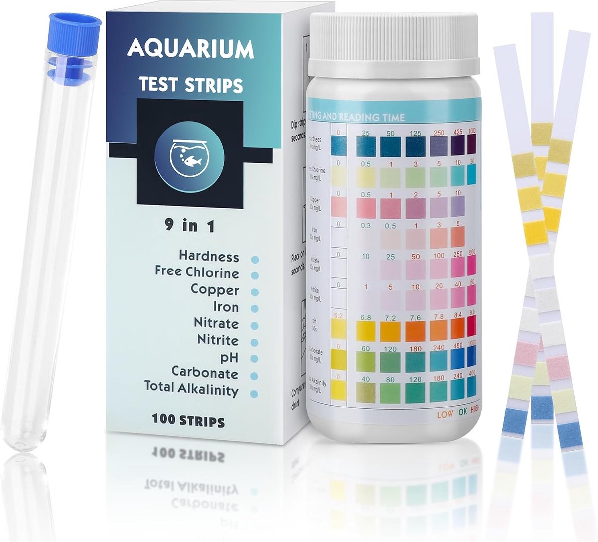 SnelShoppen - 9-in-1 Aquarium Test Strips, 100 Strips voor Waterkwaliteit, PH, Hardheid, Vrij Chloor, Nitraat, Nitriet, IJzer, Koper, Carbonaten, Alka