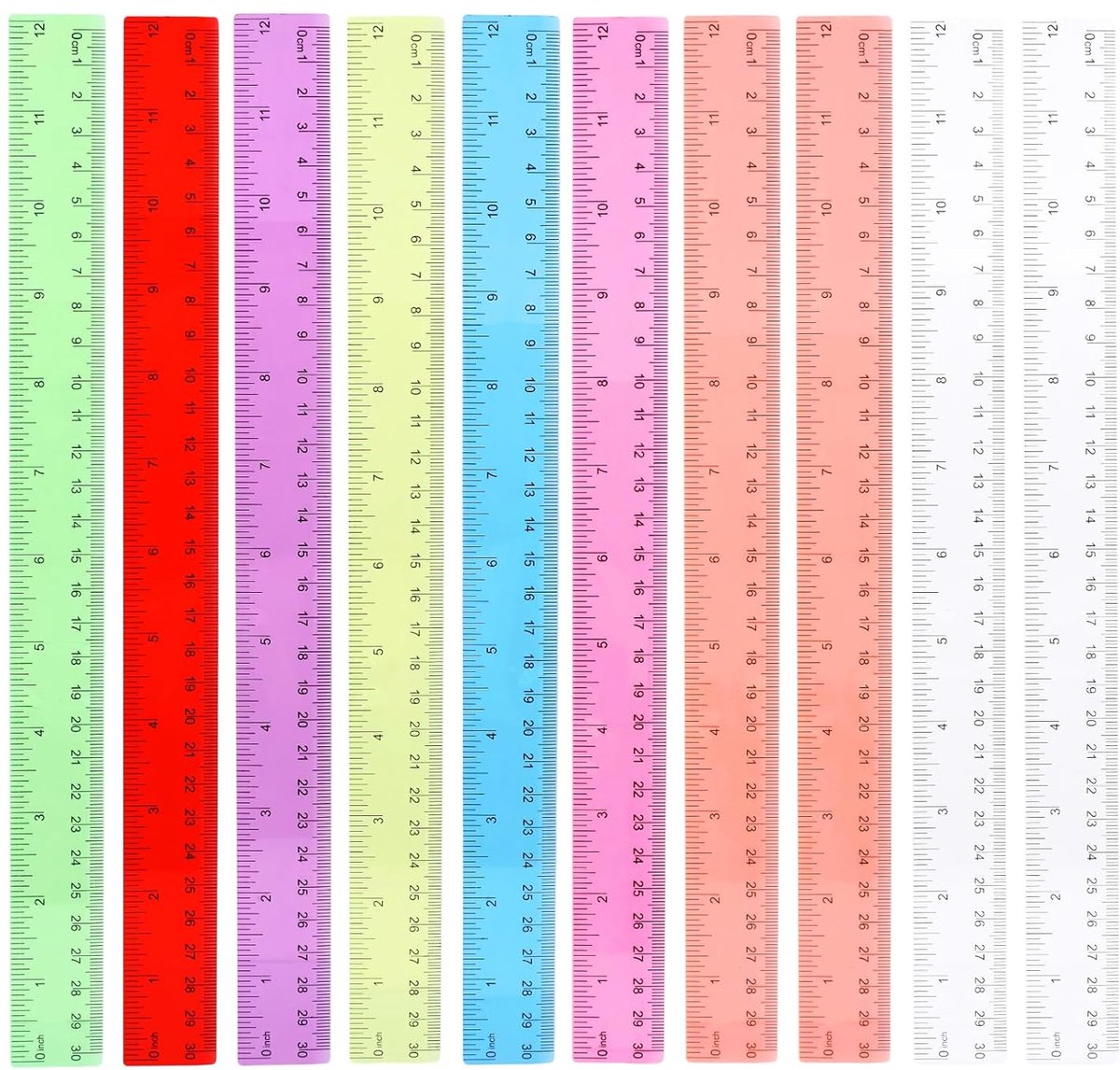 SnelShoppen - 10 Stuks Liniaal 30 cm, Kleurrijke Plastic Linialen met Metrische en Inch Schaal, Embossed Centimeter Linialen voor Thuis, Kantoor en Ba