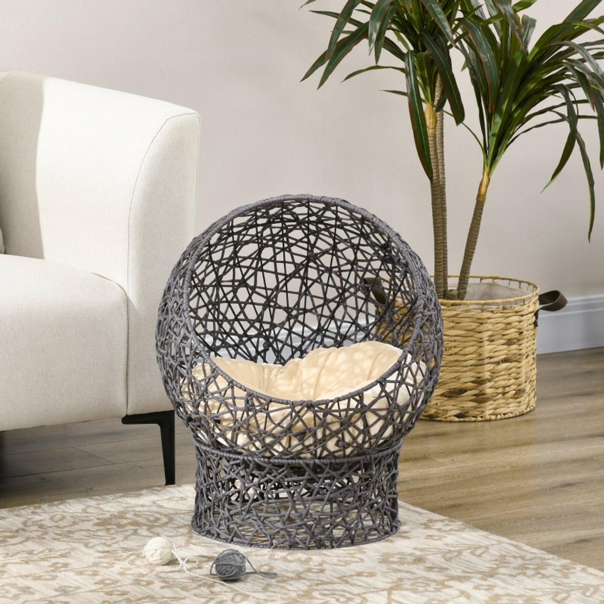 DESMIU Dierenmand – Verhoogd Ontwerp Met Kussen – 50 x 50 x 60 cm – Polyester – Grijs – Beschutte Slaapplaats Voor Katten