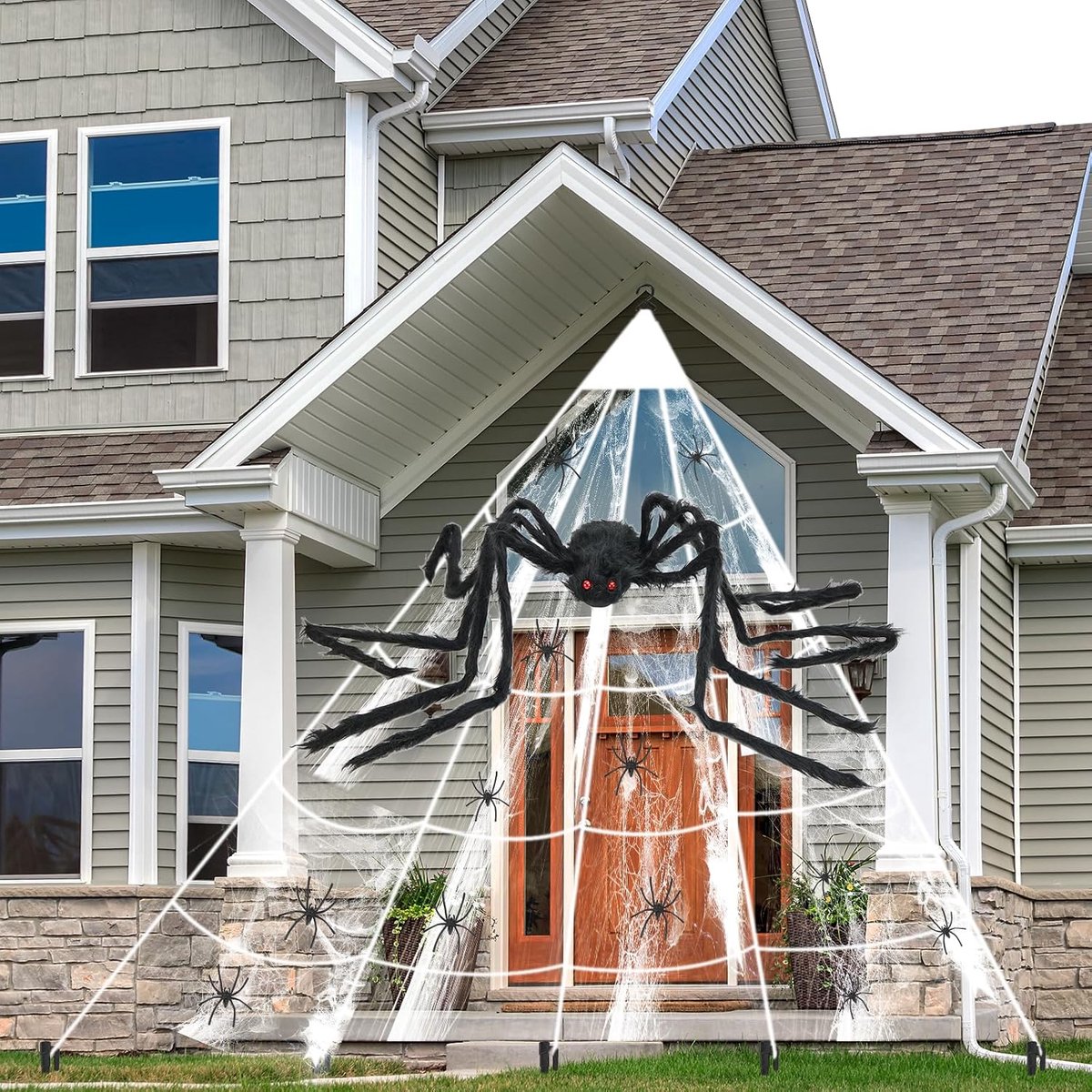 SnelShoppen - Halloween Spin Web met Reusachtige Spin, Buiten Decoratie, Triangulaire Spin Weefsel, 1.5 m Gigantische Spin en Mini Spinnen voor Hallow