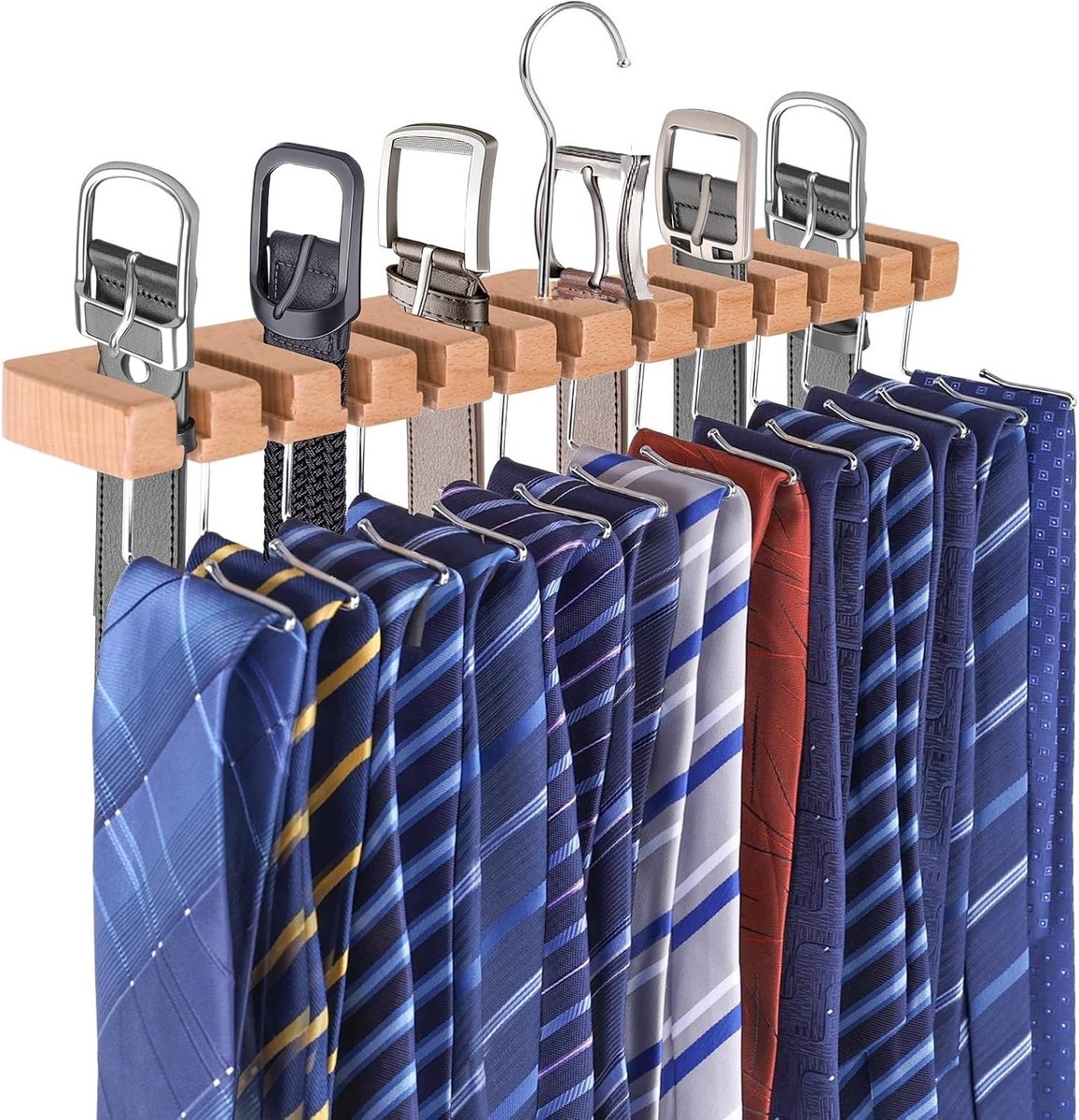 Wood Belt Hanger, Belt Holder, Tie Holder with Swivel Hook, 12 Straps, 13 Ties, Belt Storage for Cabinet to Organize - ShopVlot