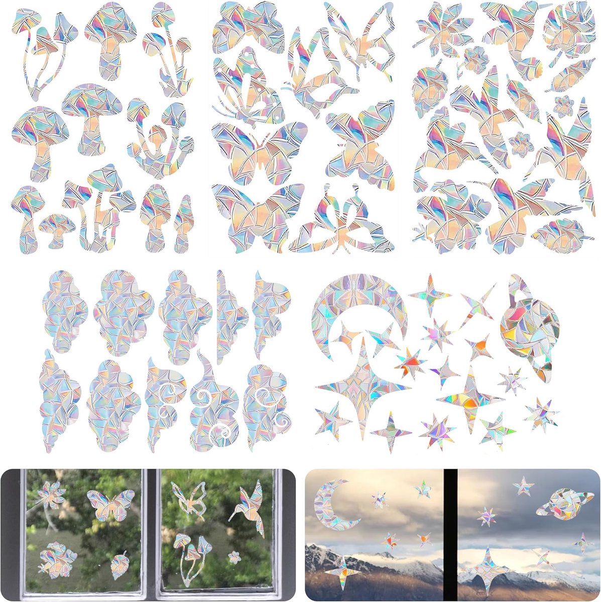 SnelShoppen - 62Pcs Prisma Raamstickers, Zonvanger Stickers voor Vogelbescherming, Regenboog Raamfolie voor Thuis en Kantoor Glasdecoratie