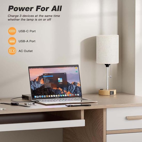 Tafellamp/nachtlampje/leeslamp/met USB-oplaadpoort/stopcontact/ritsschakelaar/eenvoudige moderne stijl/stoffen lampenkap/geschikt voor woonkamer, slaapkamer en kantoor (inclusief lamp) — afbeelding 4