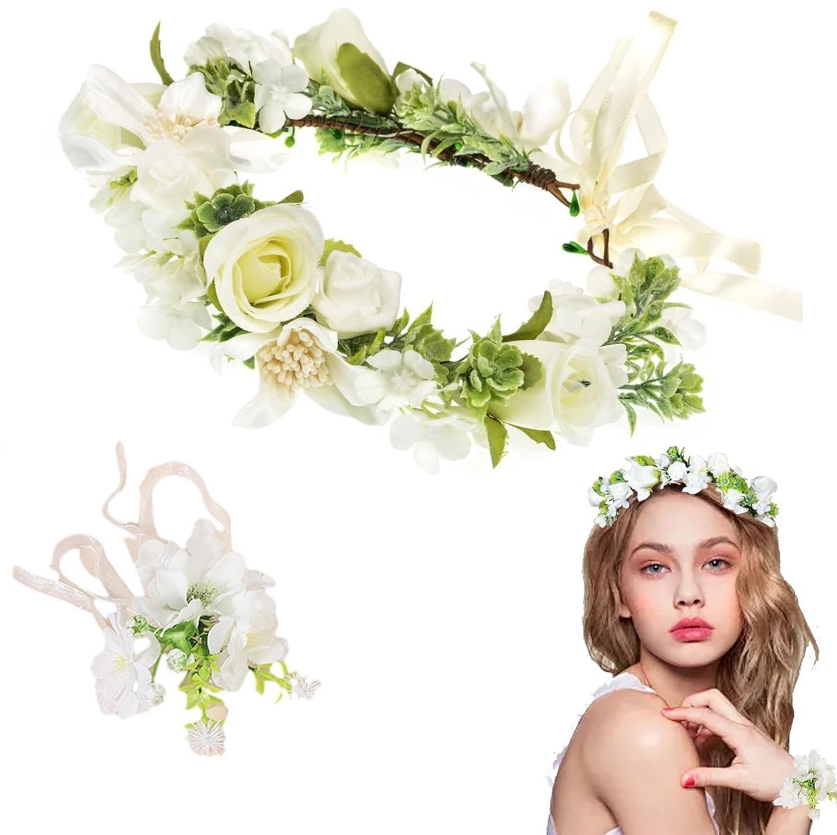 Meisjescommunie kroon verstelbaar - kunstmatige rozen - bohemian stijl - perfect voor festivals - ShopVlot