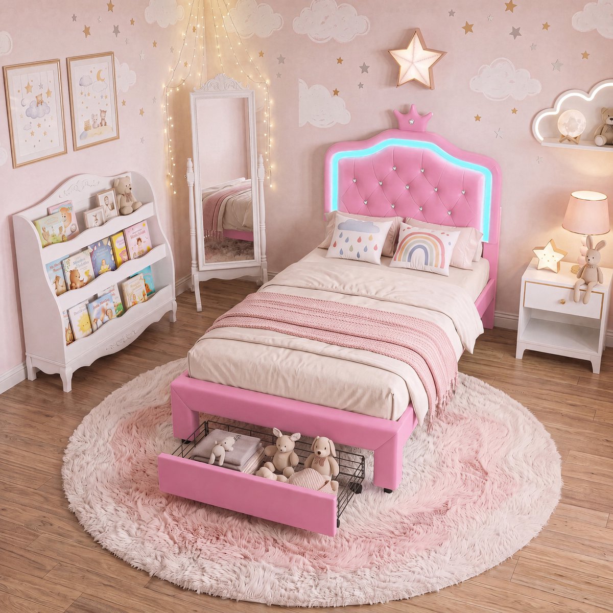 ROSAHQNDA Kinderbed eenpersoonsbed 90x200 cm, prinsessenbed met hoofdbord verlichting en opberglade, gestoffeerd bed met verstelbaar hoofdbord, pu roze, zonder matras