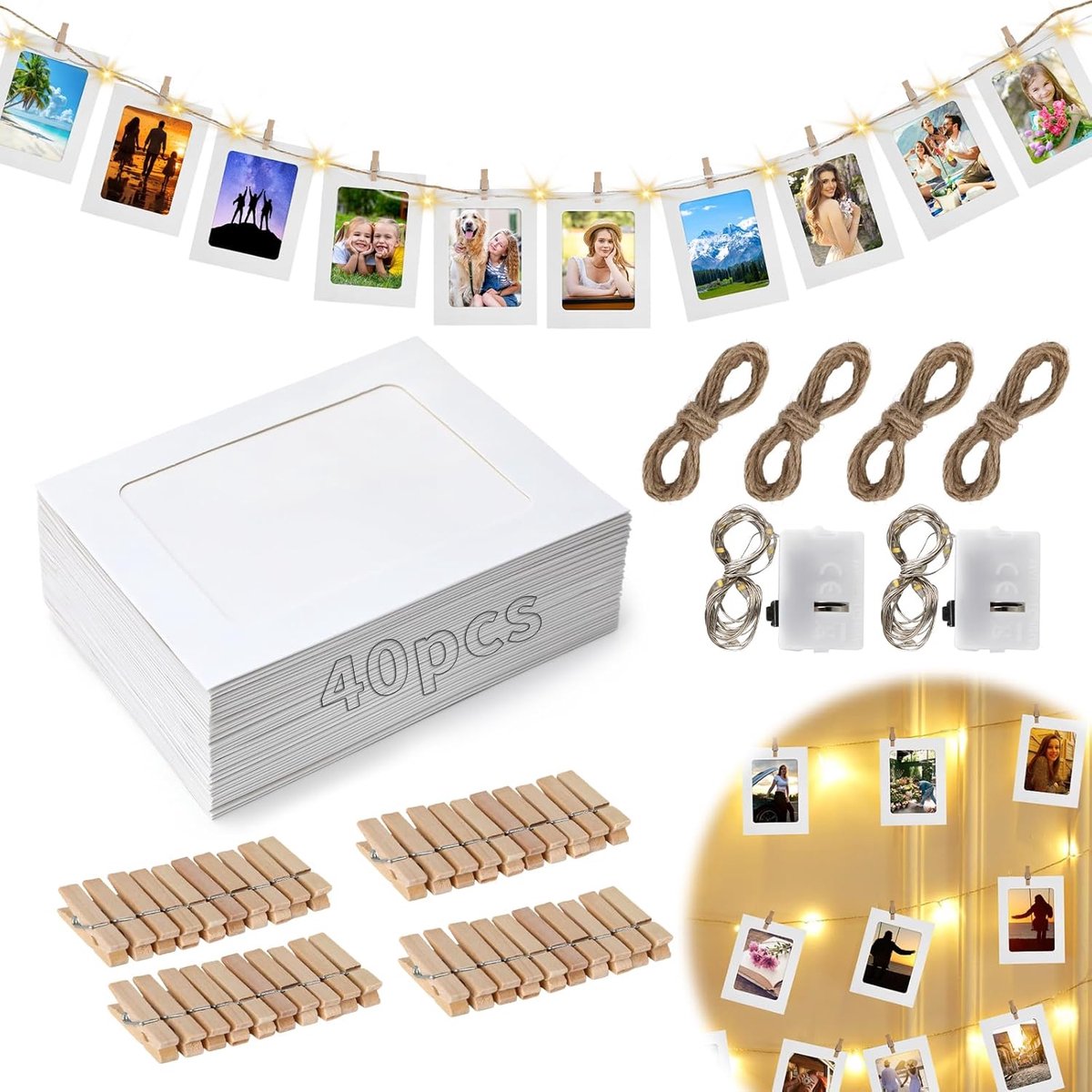 SnelShoppen - Pack van 40 Foto Garlands 10 x 15 cm Witte Papieren Fotolijsten met 40 Houten Klemmen en 2 Lichtstrips voor Bruiloft, Verjaardag en Fees